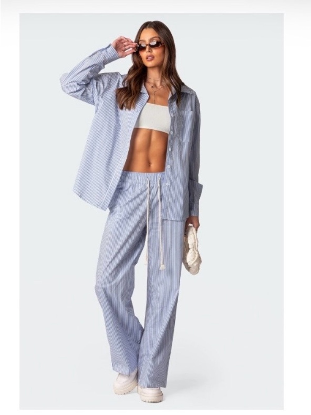 Blue Pinstripe Cotton Button-Up Set - Relaxed Shirt & Drawstring Pants